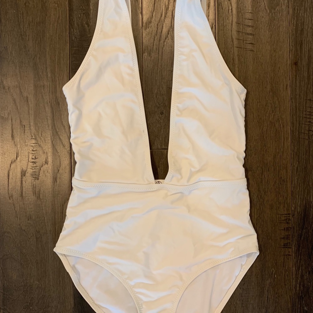 White deep v cut bathing suit